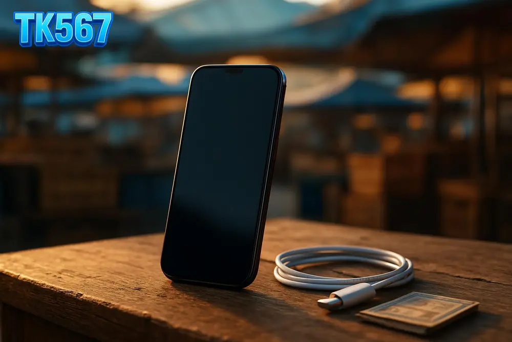 TK567 app โ Smartphone with dark screen resting on a market stall counter TK567 app โ Smartphone with dark screen resting on a market stall counter
