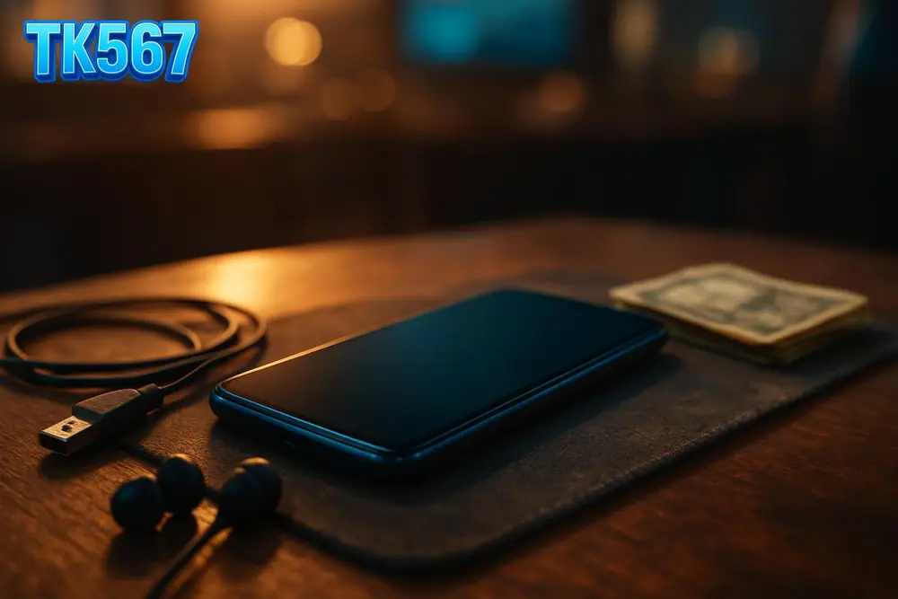 TK567 app โ Smartphone with dark screen resting on a cafe desk TK567 app โ Smartphone with dark screen resting on a cafe desk
