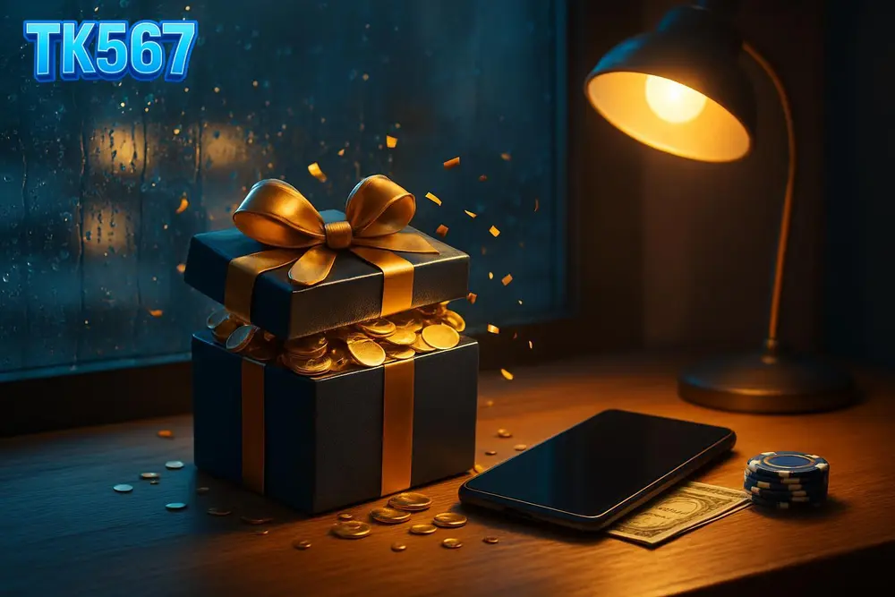 TK567 bonus — Gift box with gold coins beside phone and banknotes