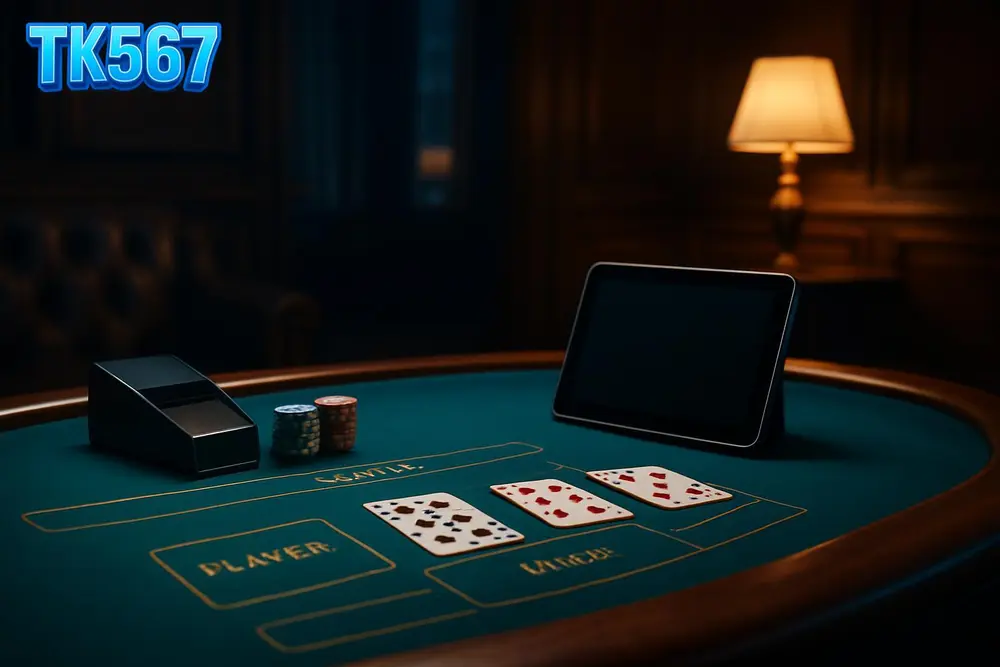 TK567 casino โ Live casino table setup with cards, chips and dealer shoe TK567 casino โ Live casino table setup with cards, chips and dealer shoe