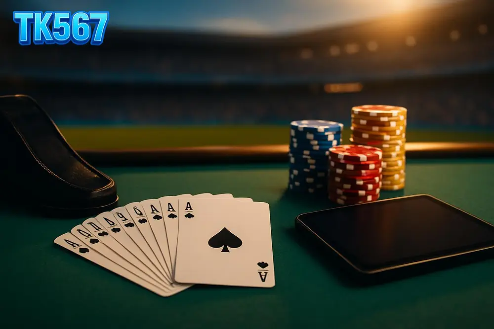 TK567 casino โ Casino table with cards, chips, and dealer's shoe TK567 casino โ Casino table with cards, chips, and dealer's shoe