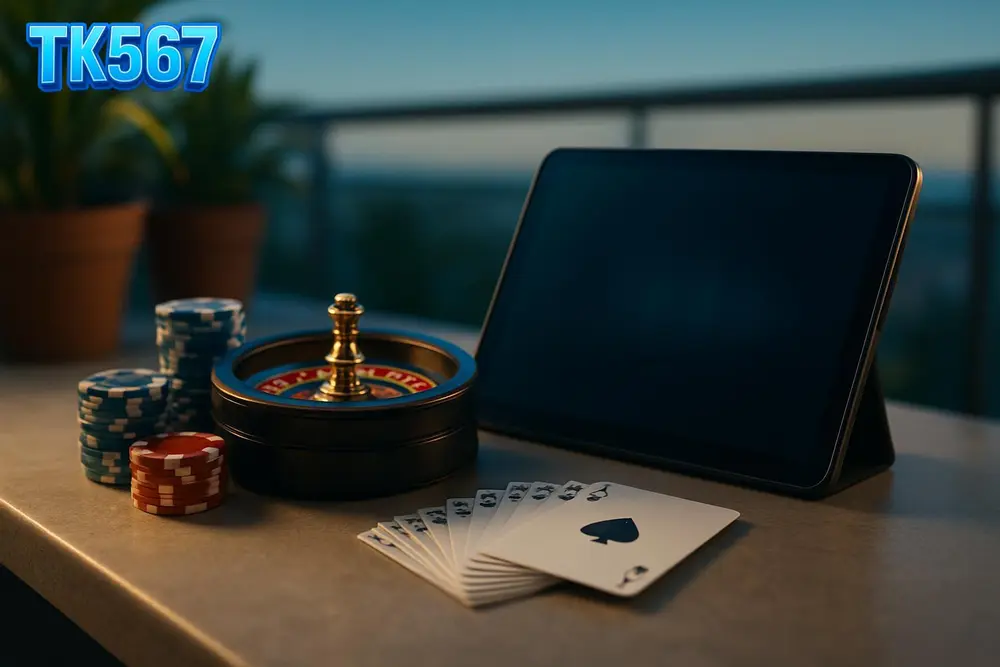 TK567 games โ Casino chips, cards and dealer shoe on balcony ledge TK567 games โ Casino chips, cards and dealer shoe on balcony ledge