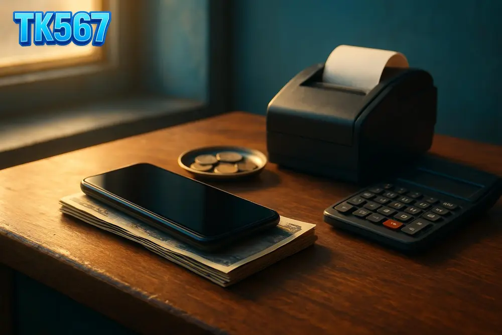 TK567 Bangladesh — Mobile-money counter with phone resting on folded banknotes