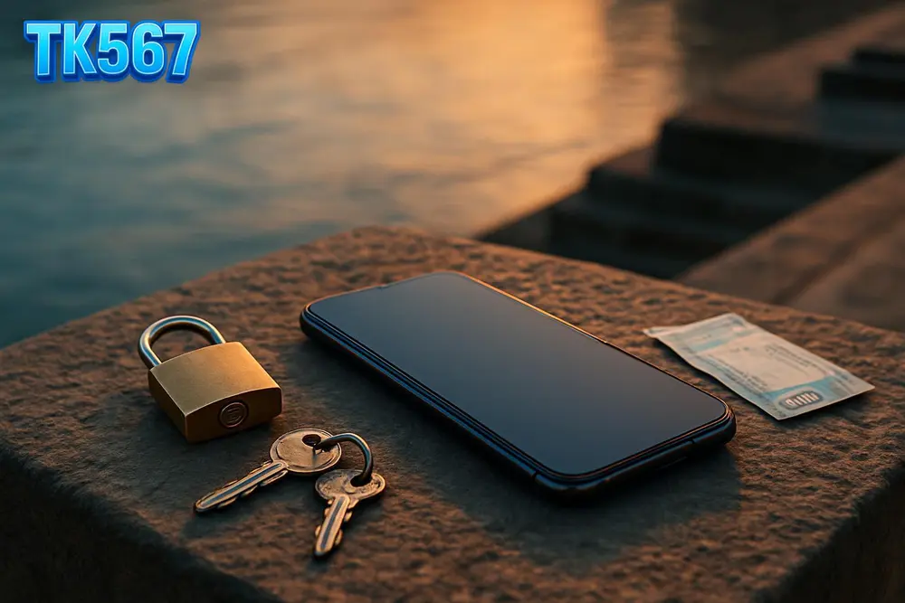 TK567 login โ Smartphone and padlock on riverside stone ledge at dusk TK567 login โ Smartphone and padlock on riverside stone ledge at dusk
