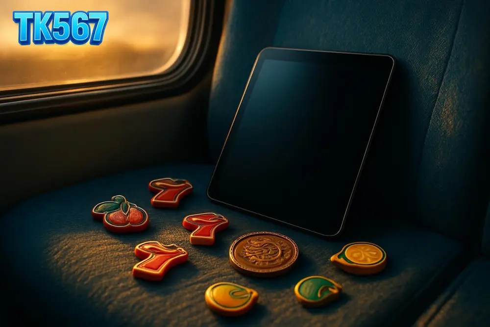TK567 slots โ Tablet with glowing screen beside slot-themed tokens on bus seat TK567 slots โ Tablet with glowing screen beside slot-themed tokens on bus seat